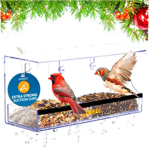 PAWBEE Window Bird Feeder with Strong Suction Cups and Drain Holes for Rain - Clear Bird Feeders /House for Window Outside