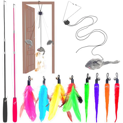 Baoheyao Interactive Cat Toys Set Teaser Feather Wand, Hanging Door Toy & Multiple Attachments - Telescopic Cat Fishing Pole Toy for Kitten
