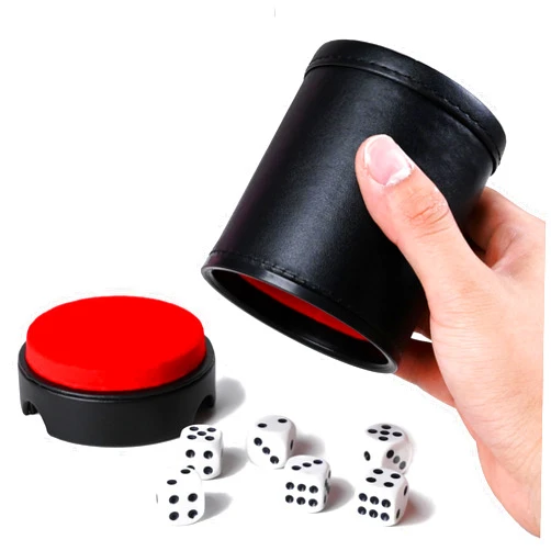 TUZAMA Dice Cup Leather Set with Lid, Felt-Lined PU Leather Quiet Shaker for Yahtzee Farkle Dice Board Games, Set of Six 16mm Dice Included