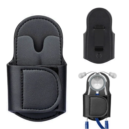 Doufuhua Premium PU Black Leather Stethoscope Holder Hip Clip Compatible with Littmann and Most Stethoscopes, Stethoscope Holster Clips Holder Fit for Nurse, Physicians Stethoscope Pocket/Belt/Scrubs
