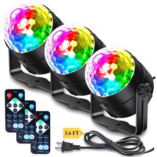 Apeocose 3-Pack Disco Ball Party Lights Sound Activated with Remote Control, 12 Modes Strobe Stage DJ Lights for Home Room Karaoke Dance Party Supplies Birthday Party Decorations White Elephant Gifts