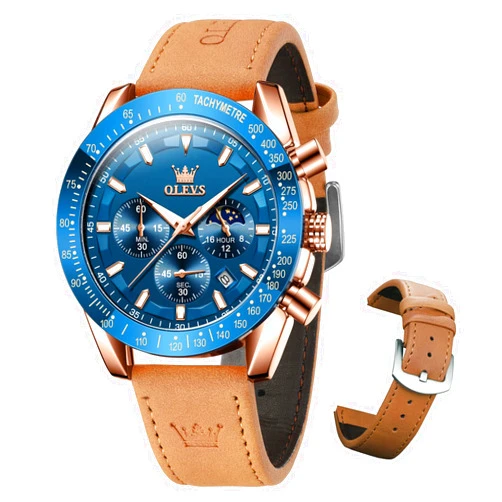 OLEVS Leather Watches for Men Fashion Watch Men Waterproof Chronograph Wristwatch Quartz Classic Men's Watch Easy Read Business Dress Casual Mens Watches [Black/White/Blue Dial]