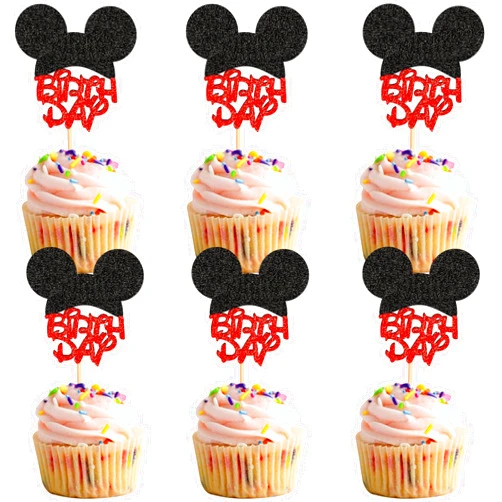 Ercadio 24 PCS Mouse Inspired Cupcake Toppers Red Happy Birthday Mouse Cupcake Picks Baby Shower Kids Boys Birthday Party Cake Decorations Supplies Birthday Red