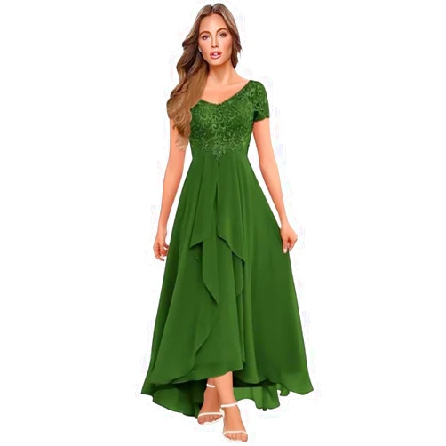ASDW Tea Length Mother of The Bride Dress for Wedding Guest Cap Sleeve Chiffon V-Neck Mother of Groom Dress High-Low