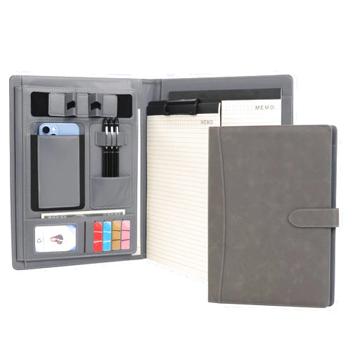 Wason Portfolio Padfolio A4 Leather PU Folder File Document Holder Case with Writing Pad Removable Clipboard Card Stationary Case Phone Tablet Stand for Organizer Office Travel School (Grey)