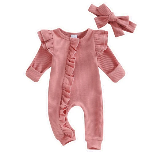FYBITBO Infant Baby Girl Clothing Waffle Knit Romper Ruffle Jumpsuit Zipper Onesie Outfit Newborn Coming Home Clothes