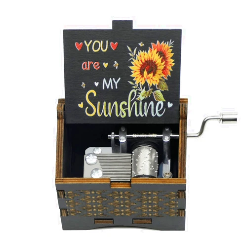 Auduye You are My Sunshine Music Boxes, Wooden Hand Crank Laser Engraved Vintage Unique Musical Box Gifts for Birthday, Christmas, Valentines Day, Mother's Day, Anniversary, Wedding（Black）
