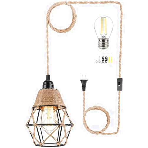 Dalifer Plug in Pendant Light Hanging Lamp with Plug in Cord, Hemp Rope Hanging Light Fixtures with On/Off Switch, Farmhouse Plug in Pendant Lamp for Kitchen Bedroom Living Room