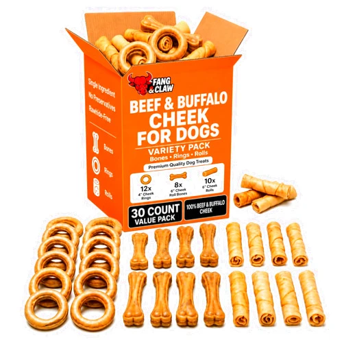 Fang and Claw Beef Cheek Rolls for Dogs - 30 Count Variety Pack - 12 Cheek Rings (4