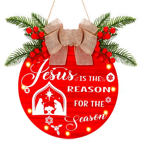 Coume 12 Inches Christmas Decorations Wooden Hanging Sign Jesus is The Reason for The Season Sign LED Lights Xmas Plaque Christmas Nativity Scene Door Wreath for Holiday Front Door Wall Decor