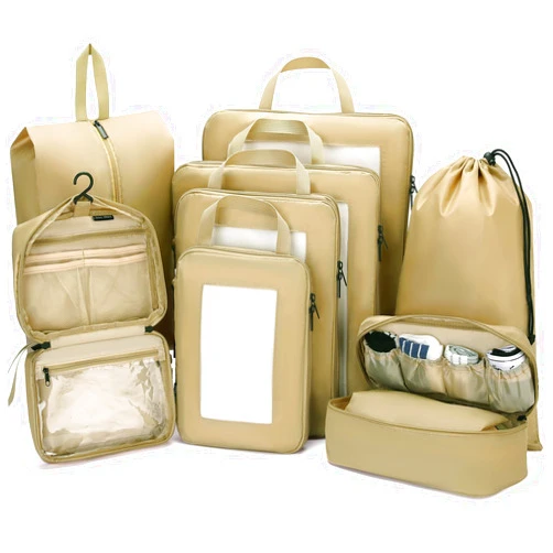 Dec-Mec Compression Packing Cubes for Travel, 8 Set Packing Cubes with Toiletry Bag for Travel Accessories Luggage Suitcase Organizers Bag, Travel Essentials or Women/Men (Tan,8pc)