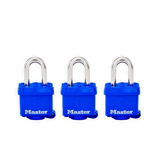 Master Lock 312TRI Laminated Padlock with Key & Thermoplastic Shell, Blue, Pack of 3 Keyed-Alike