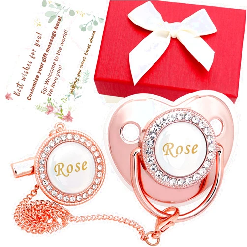 Ausbay Personalized Pacifier Set with Name, BPA Free, Bling Gold Silver Pink Rose Gold Luxurious Ideal Gift for Newborns (Rose Gold)
