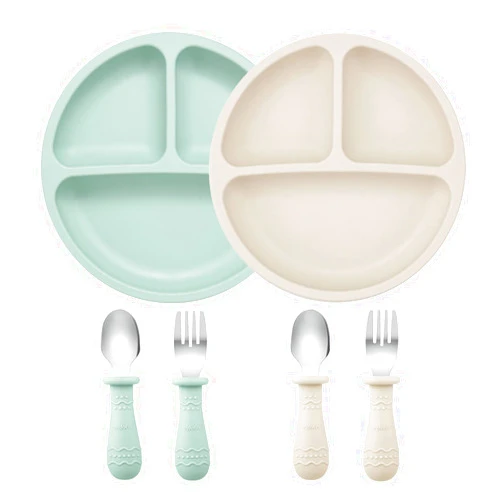 PandaEar Baby Feeding Set| 2 Pack Silicone Divided Suction Plate, 2 Set Toddler Spoons & Forks| Baby Led Weaning Supplies Self Feeding Eating Utensils