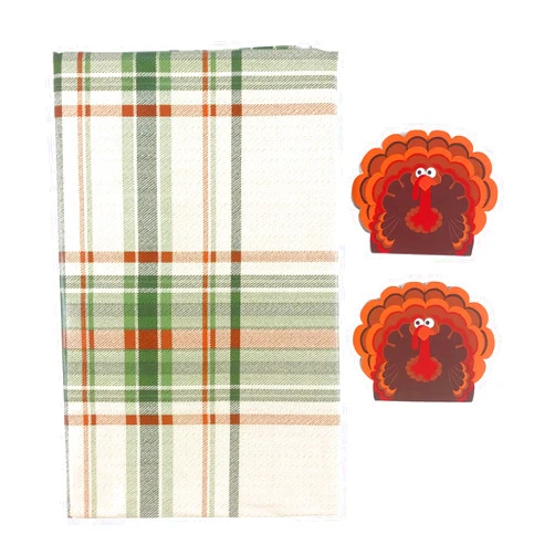 Serafina Home Elrene Fall Flannel Back Vinyl Tablecloth: Traditional Shades of Autumn in a Striped Check Plaid Design, Orange Green Red Yellow with Gold Bow Garland 52 (52