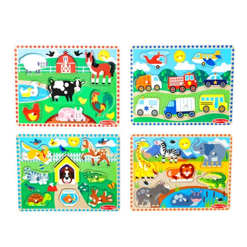 Melissa & Doug Wooden Peg Puzzle Set – 4-Pack Vehicle, Farm, Safari & Pet Animal Themes – Educational Puzzles for Toddlers and Preschoolers Ages 2+