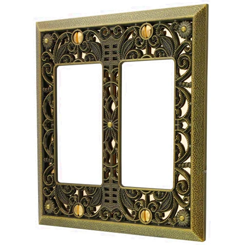 Amerelle 65RRAB Filigree Wallplate, 2 Rocker, Cast Metal, Antique Brass, 1-Pack