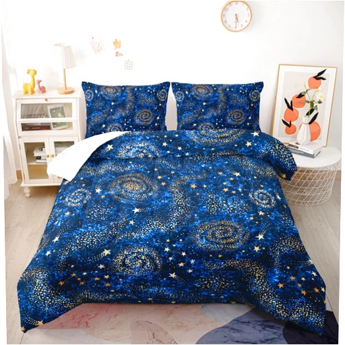Nttopship Starry Sky Print Comforter Set Queen Size,Blue Starry Sky Golden Stars Bedding Set,Interstellar Printed Quilted Set for Teens Boys Adult,with 1 Comforter and 2 Pillow Case