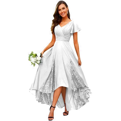 UMLXYER Mother of The Bride Dresses V Neck Chiffon Lace Appliques Tea Length Dress Formal Prom Evening Gowns