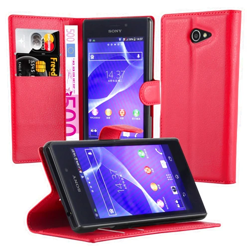 Cadorabo Book Case Compatible with Sony Xperia M2 Aqua in Candy Apple RED - with Magnetic Closure, Stand Function and Card Slot - Wallet Etui Cover Pouch PU Leather Flip