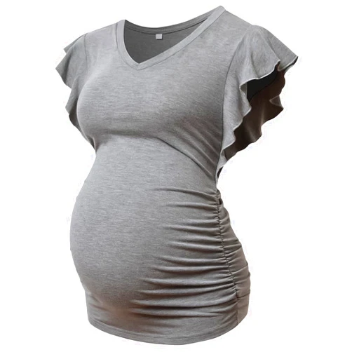 MOMOOD Maternity Pregnancy V Neck Fly Short Sleeve Stylish T Shirt Pregnant Side Ruched Top Shirt