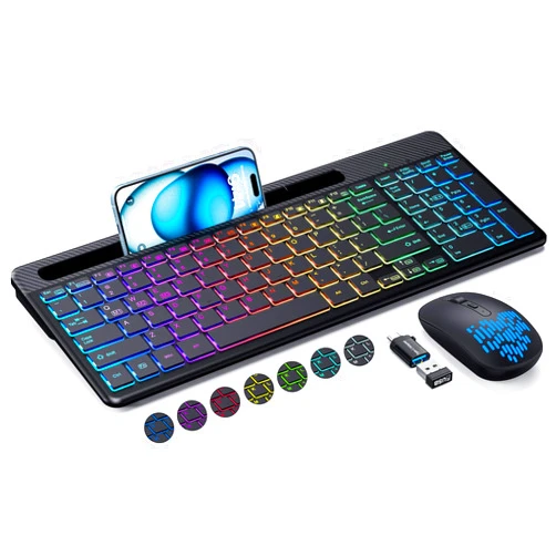 VEILZOR Wireless Keyboard and Mouse, with 15 Backlit Effects, Rechargeable Wireless Keyboard Mouse Combo with Phone/Tablet Holder, 2.4G Silent Computer Mouse with Type C Adapter for PC, Laptop,MacBook