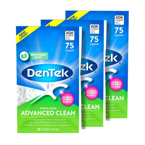 DenTek Triple Clean Advanced Clean Floss Picks, No Break & No Shred Floss, 75 Count, 3 Pack