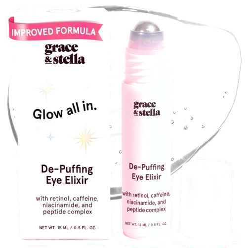 grace & stella Under Eye Brightener Roller - Airplane Travel Essentials - Travel Size Toiletries - Retinol & Caffeine Eye Serum for Puffiness, Dark Circles, Wrinkles - Vegan Skincare (15ml / 0.51floz)