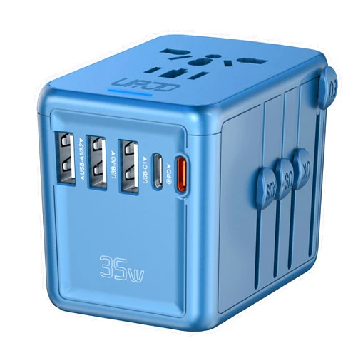 URJD 35W PD Universal Travel Adapter Fast Charging Offers 3X2.4A USB-A Ports, 2X USB-C Ports and Multi AC Outlet, International Plug Converter Worldwide Travel Charger All in One for EU US UK AUS