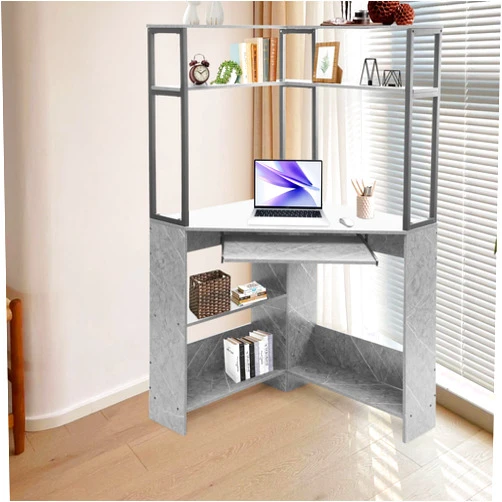 LOHISHILO Corner Desk with Charging, Corner Computer Desk 29.5 * 29.5 * 60in Triangle Corner Desk, Gaming Computer Desk for Small Space & Storage Shelves for Home Office Workstation,Grey