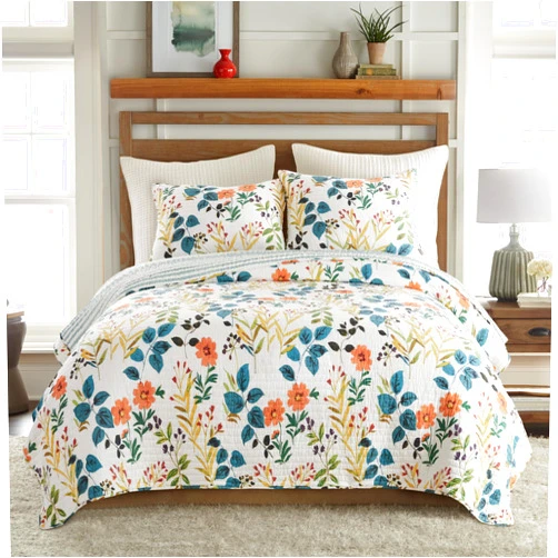 Levtex Home Homthreads Tessa Quilt Set - King Quilt and Two King Shams - Floral - Orange Teal Ochre White - Quilt (106x92in.) and Shams (20x36in.) - Reversible - Cotton/Polyester
