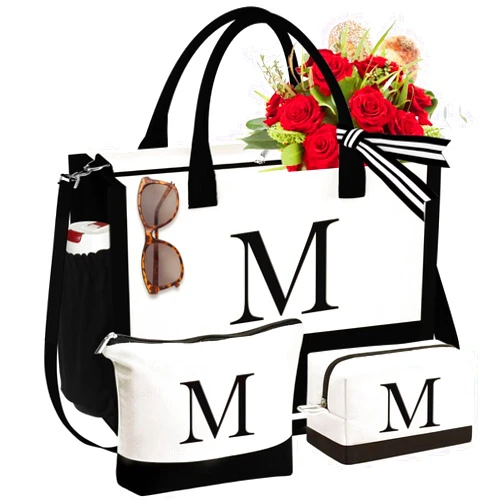 YOOLIFE Gifts for Women - Initial Canvas Tote Bag & Makeup Bag, Birthday Gifts for Women Mom Sister Friends