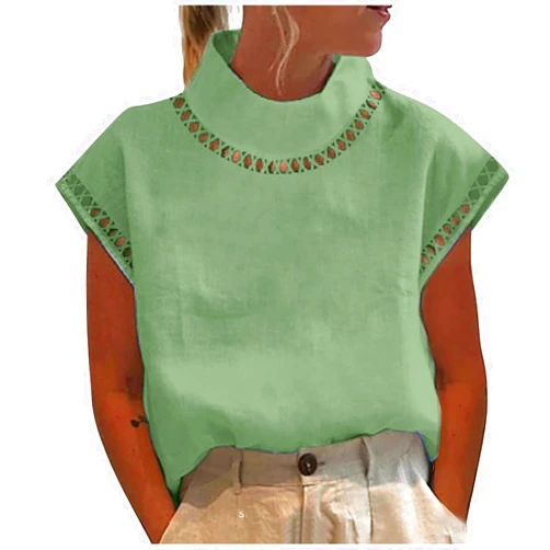SMIDOW Cotton Linen Tops for Women 2024 Casual Cap Sleeve Summer Shirts Loose High Neck Tshirt Dressy Casual Blouses
