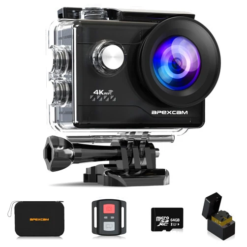Apexcam Action Camera 4K with 64G SD Card Sports Camera 20MP 131FT Waterproof Underwater Camera 170°Wide-Angle WiFi Camera with 2.4G Remote Control, 2 Batteries, Mounting Accessories Kits