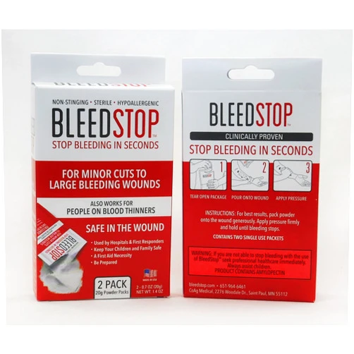 BleedStop™ First Aid Powder for Blood Clotting, Trauma Kit, Blood Thinner Patients, Camping Safety, and Survival Equipment for Moderate to Severe Bleeding Wounds or Nosebleeds - 4 Pouches