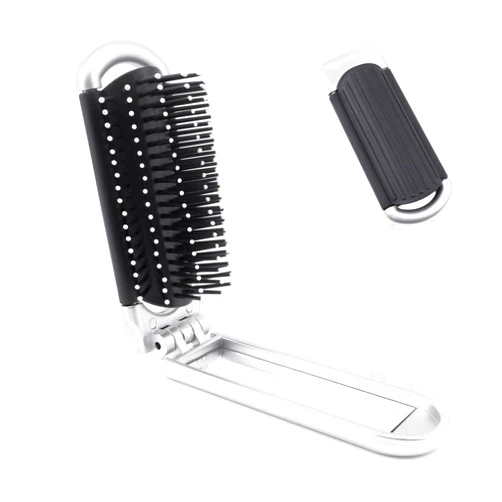 BlingKingdom Folding Hair Brush With Mirror, Small Compact Travel Portable Pocket Size Comb With Soft Bristles Styling Foldable Hairbrush for Travelling Swimming Gym Bag