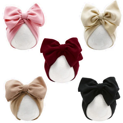 DRESHOW BQUBO 5 PCS Baby Cotton Hats Big Bow Knotted Headwrap Turban Baby Infant Beanie Baby Girl Soft Toddler Cap for Winter