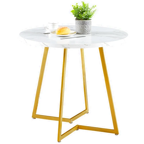VECELO Round Dining Room Table with Wood Grain Tabletop and Steel Frame, for Kitchen, Living Room, Office, Conference, 2 to 4 Person, White & Gold