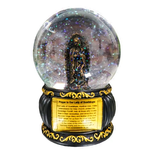 Ebros Gift Blessed Virgin Mary Our Lady of Guadalupe Glitter Water Globe with Prayer Plaque Black and Gold Scroll Art Base 5.25