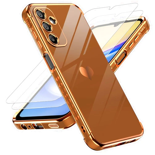 LeYi for Samsung A15 5G Case: with Tempered Glass Screen Protector [2 Pcs]+ Full Camera Lens Protection, Love Heart Plating Luxury Soft TPU Shockproof Case for Galaxy A15 5G, Brown