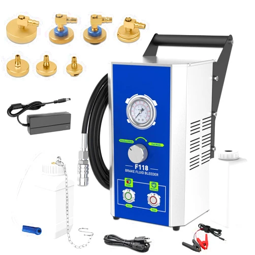 PLAYOCCAR Auto Electric Brake Bleeder with 7 Adapters -110V/220V, Brake Fluid Bleeder Kit and Pressure Gauge Monitor, 2 Modes Compatible with Benz/BMW/Audi etc, Electric Brake Fluid Changer 0~3 bar