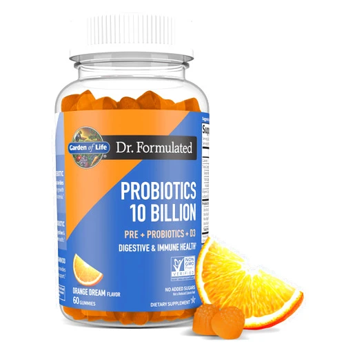 Garden of Life Dr Formulated 10 Billion CFU Prebiotic Fiber & Probiotic Gummies with Vitamin D3 for Digestive and Immune Health – Gluten Free, Non GMO, No Added Sugar, Orange Dream Flavor, 60 Gummies