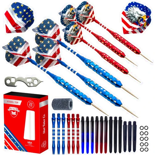 SHOT TAKER CO. EST. 2017 Steel Tip Darts Set - Professional Darts Steel Tip for Dartboard - includes Brass Barrels + Plastic & Aluminum Shafts + Rubber O'Rings + Flights + Darts Sharpener + Wrench