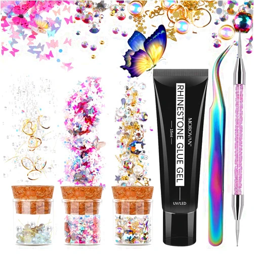 Morovan Nail Art Rhinestone Glue Gel Kit - Nail Gem Rhinestones Nail Glue Gel Nail Reinestones Picker Nail Art Tool Kit