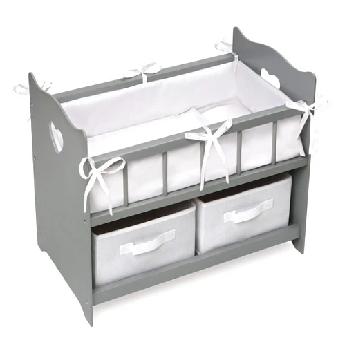 Badger Basket Wooden Doll Crib with Bedding & Storage - Pretend Play Nursery Bed for Dolls with Fabric Liner Blanket, Pillow, and Name Kit - Play Set for Girls Age 3+ - Gray