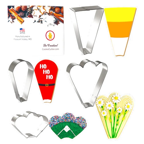 Foose Brand Cookie Cutters 4 Piece Platter Cookie Cutter Set 3 3/8 inTrapezoid, 4 in Teardrop Round, 3 in Clam and 4.5 in Fan Three Bumps, USA Made