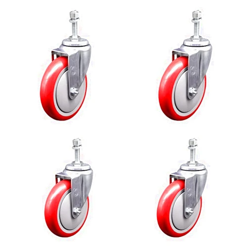 Service Caster Polyurethane Swivel Threaded Stem Caster Set of 4 w/5