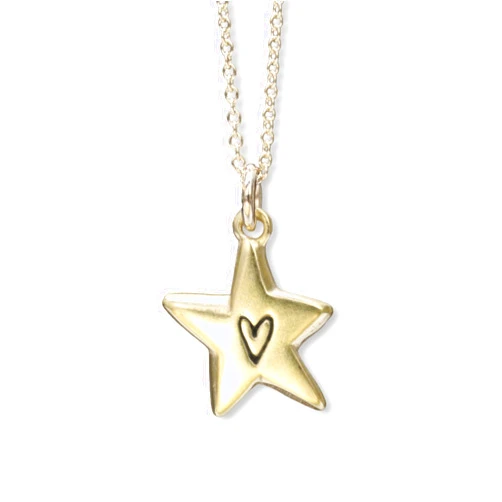 Mark Poulin Tiny Gold Star Charm Necklace - Gold Dipped Solid Sterling Silver Star with Heart Pendant on 18 Inch Gold Filled Chain
