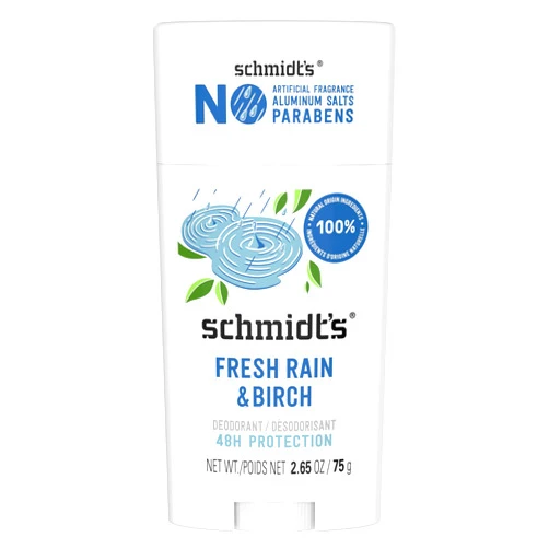 Schmidt's Aluminum-Free Vegan Deodorant Fresh Rain & Birch with 24 Hour Odor Protection, for Women and Men, Natural Ingredients, Cruelty-Free, 2.65 oz
