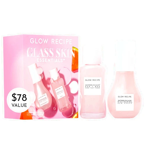 Glow Recipe Glass Skin Essential Korean Skincare Kit - Includes Niacinamide Dew Drops Face Serum & PHA + BHA Face Toner - Travel Size Watermelon-Powered Hydrating Serum & Pore Minimizer (2 Count)
